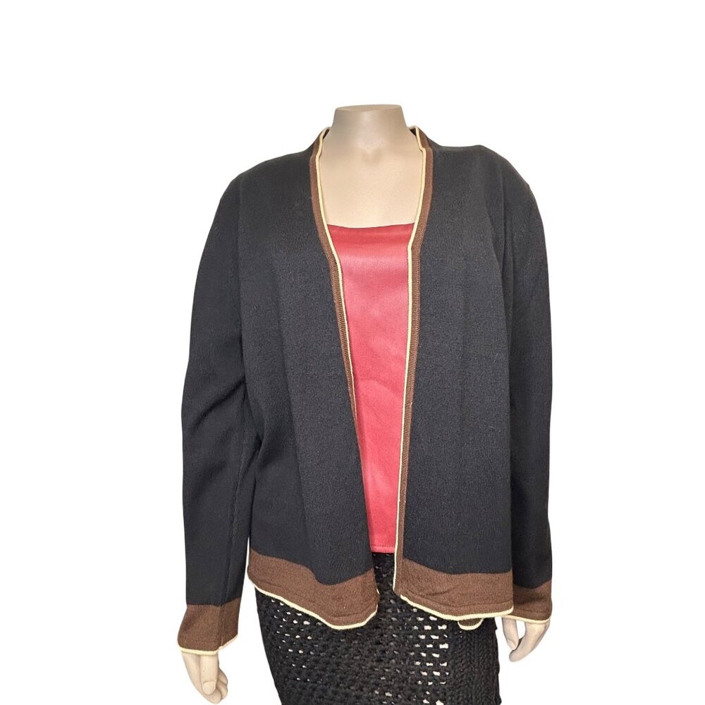 TG-46 Designer Originals Women's XL Black Cardigan W/ Brown Trim Open Front